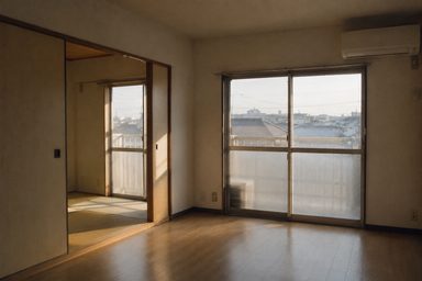 陽の差し込む空室。和室と洋間の続き間