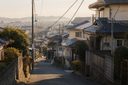 夕暮れの住宅街。坂道沿いに家々が並び、奥に市街地が広がる