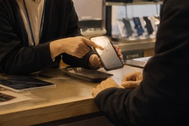 カウンターでスマートフォンの操作を案内する手元